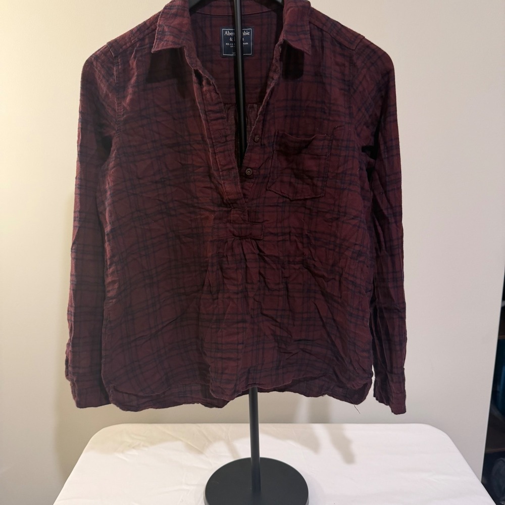 Abercrombie & Fitch Womens XS Flannel Plaid Shirt Burgundy Navy Henley Top